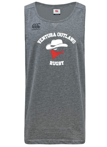 Elegant gray Ventura Outlaws Rugby Tempo Vapodri Singlet by Canterbury, with "Ventura Outlaws Rugby" text and a graphic of a hat and bandana. Crafted from recycled polyester, it features WRS Canterbury branding for authenticity.