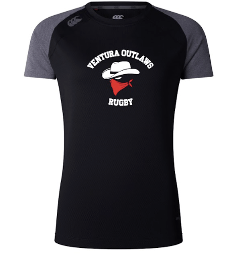 Introducing the Ventura Outlaws Rugby Women's Elite Training Tee by Canterbury from WRS Canterbury—a lightweight black and dark gray raglan t-shirt showcasing the "Ventura Outlaw's Rugby" logo adorned with an illustrated cowboy hat and red bandana. Part of our Elite Training Tee collection, it is crafted with Vapodri technology for optimal performance.