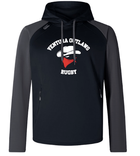 The Ventura Outlaws Rugby Elite Training Hoody by Canterbury from WRS Canterbury boasts a black and gray design adorned with the text "Ventura Outlaws Rugby" and a graphic of a masked face with a cowboy hat, crafted from premium fabrics for ultimate comfort and versatility.