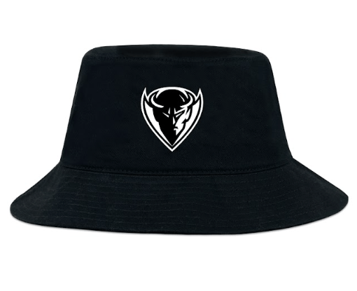 The DePaul University Crusher Bucket Cap by EMB S&S Activewear is a black cotton twill cap with a white bull head logo on the front center, providing stylish sun protection.