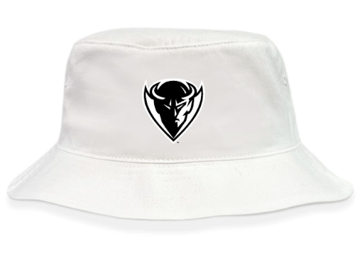The DePaul University Crusher Bucket Cap by EMB S&S Activewear is a white cotton twill hat with a black and white stylized bull head logo on the front, combining classic style with sun protection.