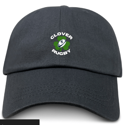 The EMB S&S Activewear Clover Blue Eagles Rugby Adult Low-Profile Cotton Twill Dad Cap features an embroidered rugby ball and green clover logo on the front.