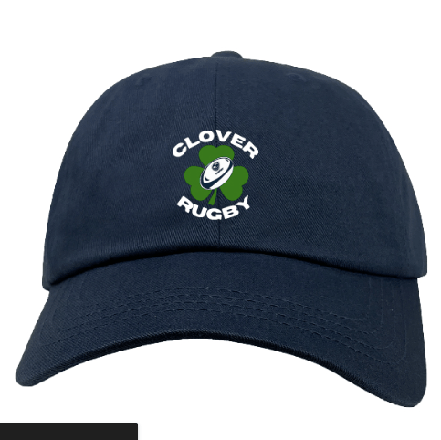 The EMB S&S Activewear Clover Blue Eagles Rugby Adult Low-Profile Cotton Twill Dad Cap features an embroidered "Clover Rugby" text and a rugby ball inside a green clover emblem on the navy blue front.