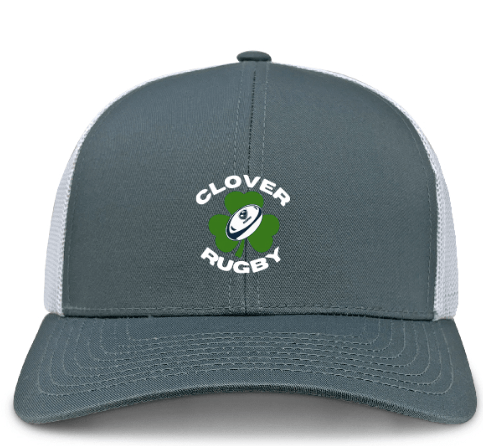 The Clover Blue Eagles Rugby Retro Trucker Cap by EMB S&S Activewear features "Clover Rugby" text and a rugby ball over a green clover graphic on the front, plus an adjustable snapback closure for comfort.