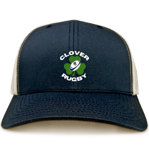 The Clover Blue Eagles Rugby Retro Trucker Cap by EMB S&S Activewear features a navy and beige design with an embroidered green clover and rugby ball, a "Clover Rugby" logo, and an adjustable classic snapback closure.