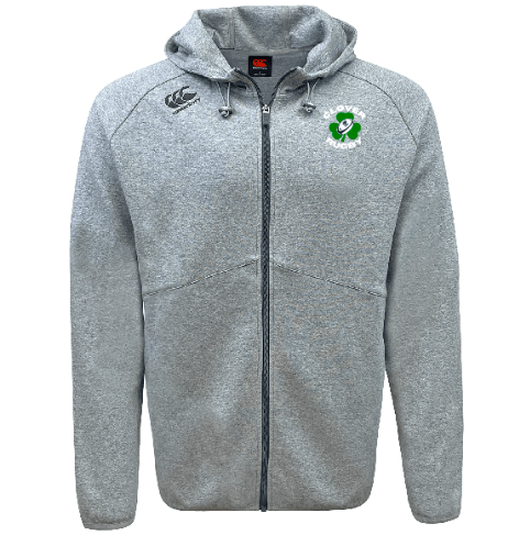 The Clover Blue Eagles Rugby Tempo Vapodri Full-Zip Hoodie by Canterbury is a gray hoodie with a full-zip design, showcasing a green embroidered logo on the left chest and the EMB Canterbury branded symbol on the right shoulder. It is crafted with VapoDri technology to provide moisture-wicking comfort.