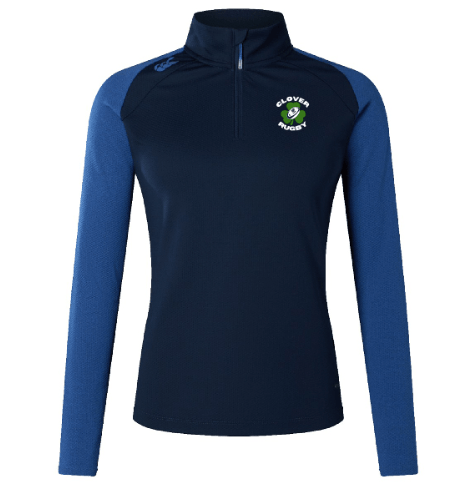 Introducing the Clover Blue Eagles Rugby Women's Elite First Layer by Canterbury, a long-sleeve rugby shirt in navy and blue designed with VapoDri technology. This top features "Clovers Rugby" and a clover logo on the chest, brought to you by EMB Canterbury.