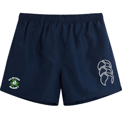 Navy blue Clover Blue Eagles Rugby Tactic Shorts by EMB Canterbury showcasing a white logo with a clover and "Clover Rugby" text on the left side, accompanied by a stylized white emblem on the right. These lightweight men's shorts are crafted for comfort and performance on the field.