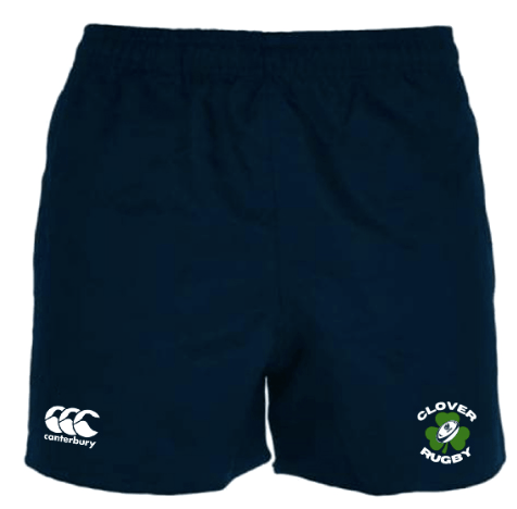The Clover Blue Eagles Rugby Professional Polyester Rugby Short by EMB Canterbury in navy features an elastic waistband, prominently displaying the Canterbury logo and the Clover Rugby emblem on the front. These professional-fit polyester shorts also include convenient pockets for extra functionality.