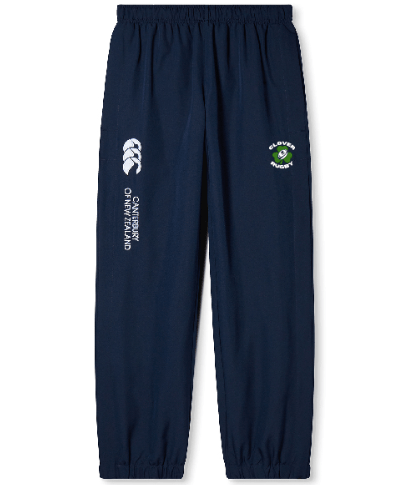Introducing the Clover Blue Eagles Rugby Cuffed Hem Stadium Pant by EMB Canterbury: Navy blue pants with an elastic waistband, white text, and a green clover logo on the left leg.