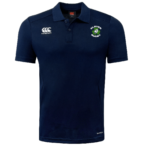 The Clover Blue Eagles Club Dry Polo by WRS Canterbury in navy blue showcases a "Clover Rugby" logo on the chest and features Canterbury branding on the shoulder.