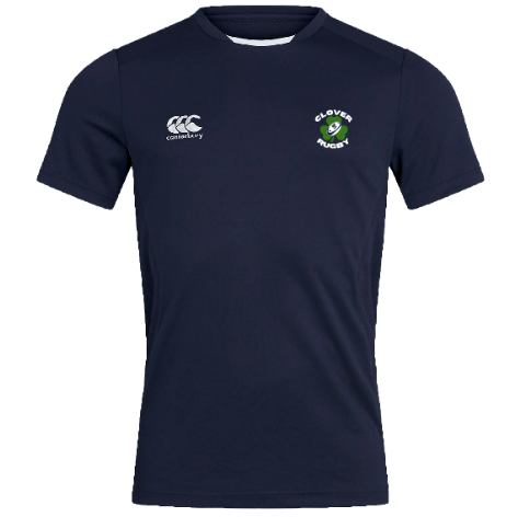 Navy blue dry tee named "Clover Blue Eagles Club Dry Tee by Canterbury," showcasing the "Clovers Rugby" logo and WRS Canterbury emblem on the chest, ideal for members of the Clover Blue Eagles Club.
