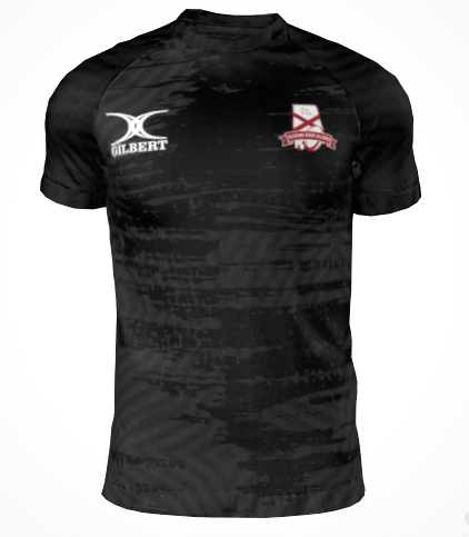 The Alabama Rugby Alliance Gilbert Training Tee by Custom GIL AXI features a black short-sleeve athletic design with a subtle pattern, the “Gilbert” logo on the right chest, and a shield emblem with red details on the left chest. This is a pre-order item (ordering closes 9/13)—please allow for production time before shipping.