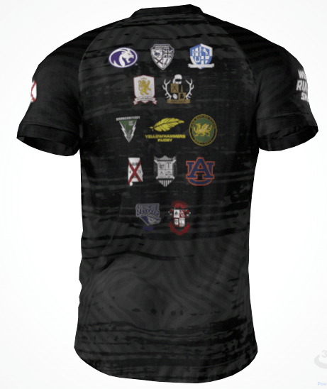 Back view of the Alabama Rugby Alliance Gilbert Training Tee by Custom GIL AXI in black, showcasing multiple colorful embroidered patches and logos arranged in three columns. This pre-order item is specially crafted upon request—please allow extra production time before collection or delivery. Pre-order closes 9/1.