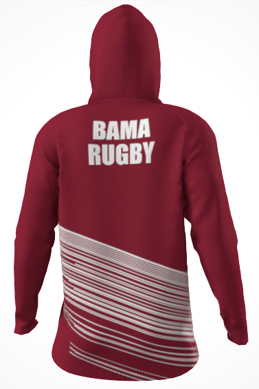 The Univ of Alabama Gilbert Lightweight Hoody by Custom GIL AXI features a maroon color, “BAMA RUGBY” in white block letters on the back, and white diagonal stripes on the lower half. Pre-order now before production begins.