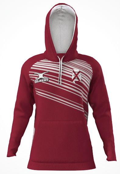 The Univ of Alabama Gilbert Lightweight Hoody by Custom GIL AXI features a maroon hood, white diagonal stripes, front pocket, and two chest logos. Pre-order only—order now before it closes. Production time may vary.