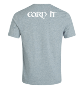 The St. Augustine High School Club Plain Tee by Canterbury is a cotton-heavy blend gray T-shirt featuring "earn it" printed in white on the back, perfect for customization.