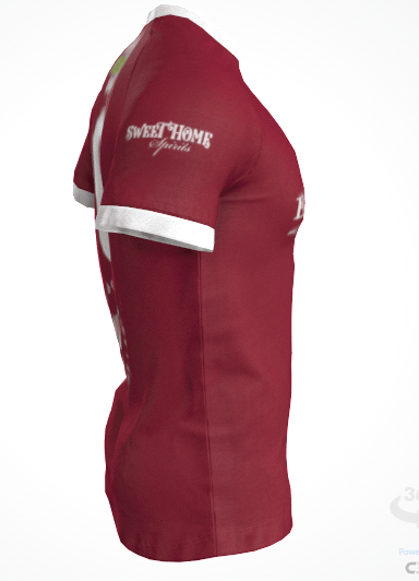 Side view of the Custom GIL AXI Alabama Rugby Foundation Red Match Jersey, a maroon short-sleeve shirt with white trim and "SWEET HOME Spirits" printed on the sleeve.