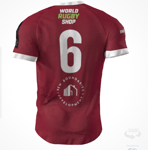 Custom GIL AXI Alabama Rugby Foundation Red Match Jersey featuring a white number 6 on the back, "World Rugby Shop" at the top, and a circular "New Boundaries Development" logo below the number.