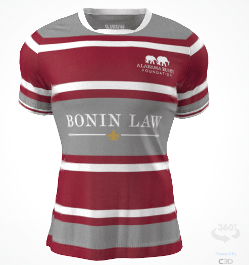 The Custom GIL AXI Alabama Rugby Foundation Red/grey hooped Match Jersey features maroon, gray, and white stripes with "ALABAMA RUGBY FOUNDATION" and "BONIN LAW" logos on the chest.