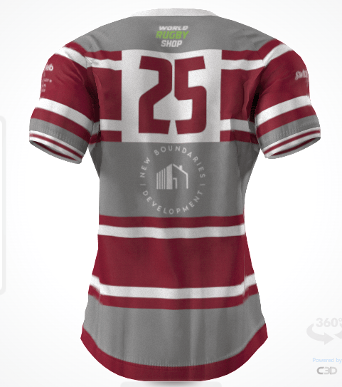 Back view of the Alabama Rugby Foundation Red/grey hooped Match Jersey by Custom GIL AXI, featuring white stripes, number 25, and sponsor logos including World Rugby Shop and New Boundaries Development.