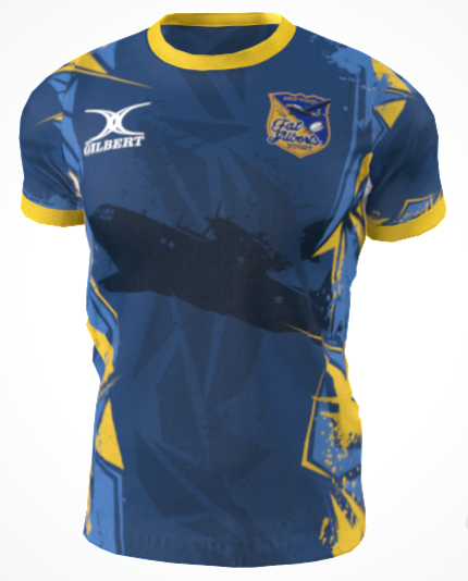 Custom GIL AXI Gulf Coast Fat Alberts Gilbert Jersey featuring blue and yellow short sleeves, "Gilbert" logo, a "Cat Allover" badge, and a black aircraft graphic on the front (order closes 9/25, delivery prior to 11/7).