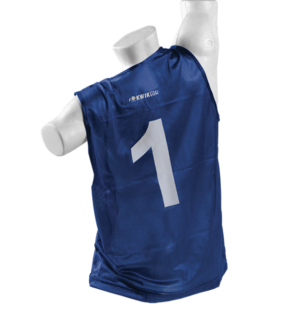 The Kwik Goal Numbered Adult Rugby Bib (Pack of 18) is a blue mesh pinnie with a white number 1 on the back, shown on a torso mannequin. Perfect for adult rugby or practice sessions requiring numbered vests.