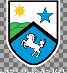 The Las Colinas EMB Logo by EMB World Rugby Shop is a shield-shaped emblem with a sun, hills, blue star, and white horse on blue, featuring "LAS COLINAS RFC" at the bottom.