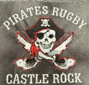 The Castle Rock Pirates Rugby EMB Logo patch by EMB World Rugby Shop features a pirate skull with crossbones, red bandana, eye patch, and "Pirates Rugby Castle Rock" text.