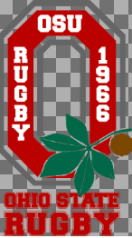 The Stahl's Ohio State University Alumni Full Size HP Logo features a red "O" with "OSU," "Rugby," and "1966" in white, a green buckeye leaf, plus "Ohio State Rugby" below.