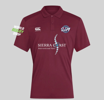 The Sacramento RFC 7s Polo by Canterbury features the Sierra Coast Interventional Pain logo and rugby-themed chest logos, made with Vapodri Technology. Shown on a plain grey background.