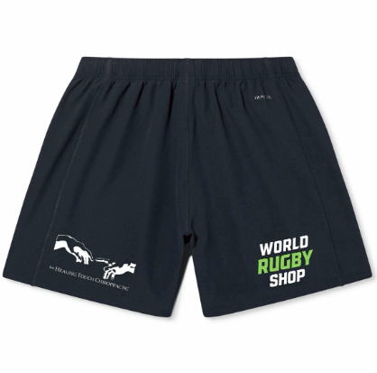 The Sacramento RFC 7s Yokohama Short by Canterbury features "WORLD RUGBY SHOP," a two-hands graphic, and "Huang Touch Chiropractic"—perfect for rugby fans and inspired by the spirit of Canterbury Yokohama.