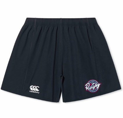 The Sacramento RFC 7s Yokohama Short by Canterbury features black fabric, an elastic waistband, the Canterbury Yokohama logo on the left leg, and a Sacramento RFC patch on the right leg.