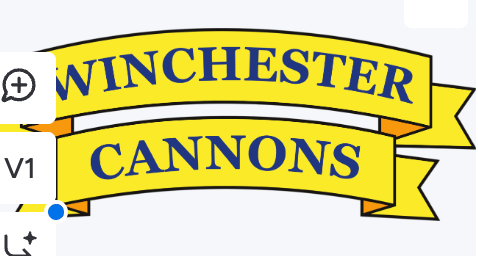 Yellow banner with blue text reading "Winchester Cannons RFC 2IN Cap EMB Logo" from EMB World Rugby Shop; overlapping menu icons partially cover the left side of the image.