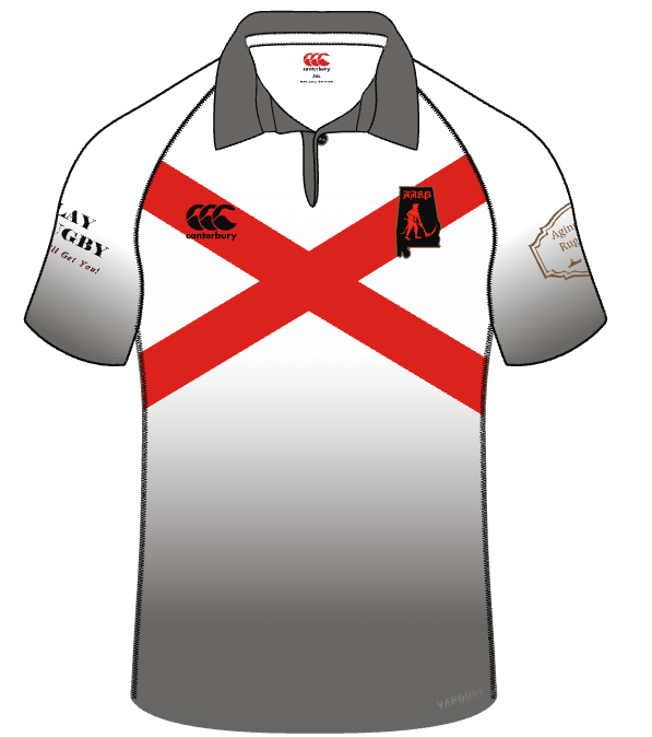 The Aging Alabama Rugby Players Canterbury Kaha Jersey by Custom CCC MUD features a white base, red St. Andrew's cross, grey collar and sleeves, black Canterbury logo, team crest on the chest, and sponsor logos on both sleeves.