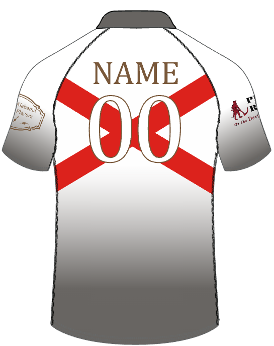 Back view of the Aging Alabama Rugby Players Canterbury Kaha Jersey by Custom CCC MUD, featuring a red St. Andrew's cross, sleeve logos, and custom name and number options.