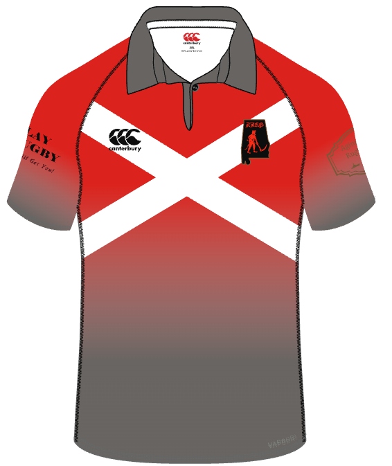 The Aging Alabama Rugby Players Canterbury Kaha Jersey RED by Custom CCC MUD features red and gray colors, a white diagonal cross, a black and red chest crest, and sponsor logos on the sleeves and chest.