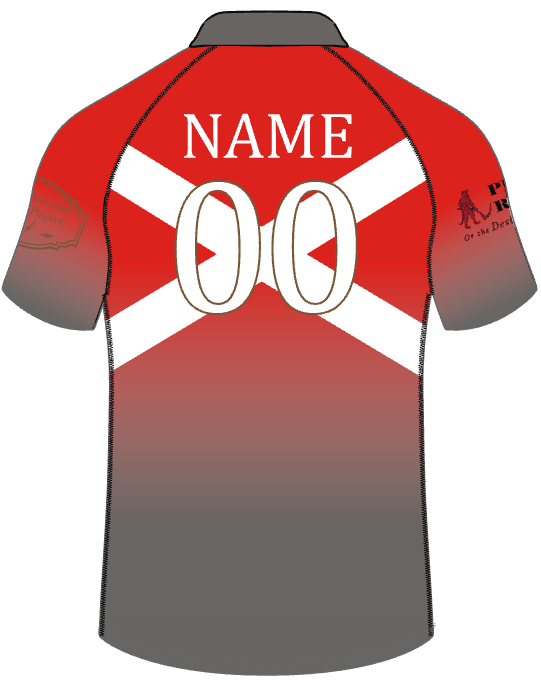 The Aging Alabama Rugby Players Canterbury Kaha Jersey RED by Custom CCC MUD features a red and gray gradient, white diagonal stripes, "NAME" and "00" on the back, plus sponsor logos on the sleeves.