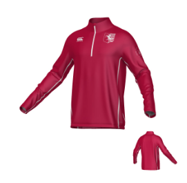 Front and back views of a maroon long-sleeved New Saint Andrews College Ashdown Canterbury Kirra Mid-layer 1/4 Zip with white trim and logos on the chest.