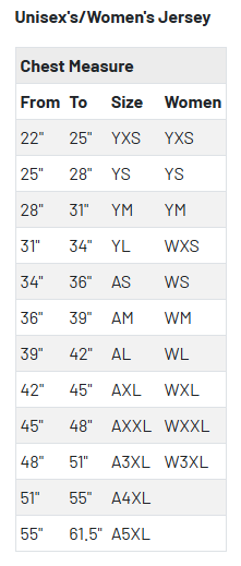 Size chart for the Columbia Business Gilbert LS Training Tee, showing unisex and women’s chest measurements from 22 inches to 61.5 inches alongside corresponding size codes.