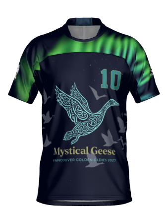 The Teamatical Mystical Geese Canterbury Raiona Regular Jersey features a navy and green design with the number 10, a stylized flying goose, and the text “Mystical Geese, Vancouver Golden Oldies 2027.”.