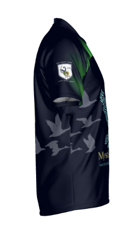 The Mystical Geese Canterbury Raiona Regular Jersey by Teamatical is a short-sleeve dark sports jersey, inspired by the original Mystical Geese design, featuring a bird silhouette pattern and a logo patch on the left sleeve.