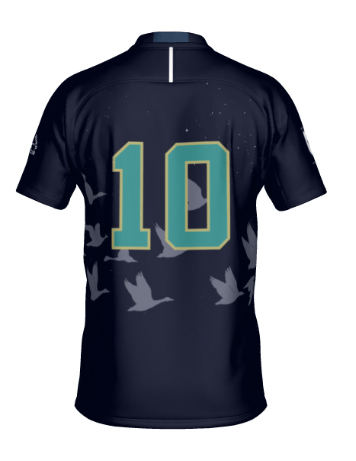 The Teamatical Mystical Geese Canterbury Raiona Regular Jersey is a navy rugby shirt featuring the number 10 in yellow-green on the back, accented by a gray flying birds pattern beneath the number. Inspired by the original Mystical Geese jersey, this athletic top blends distinctive design elements with classic style.