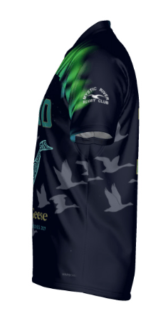 Side view of a black short-sleeved Teamatical Mystical Geese Canterbury Raiona Regular Jersey featuring green accents, bird silhouettes, and white text on the sleeve and chest.