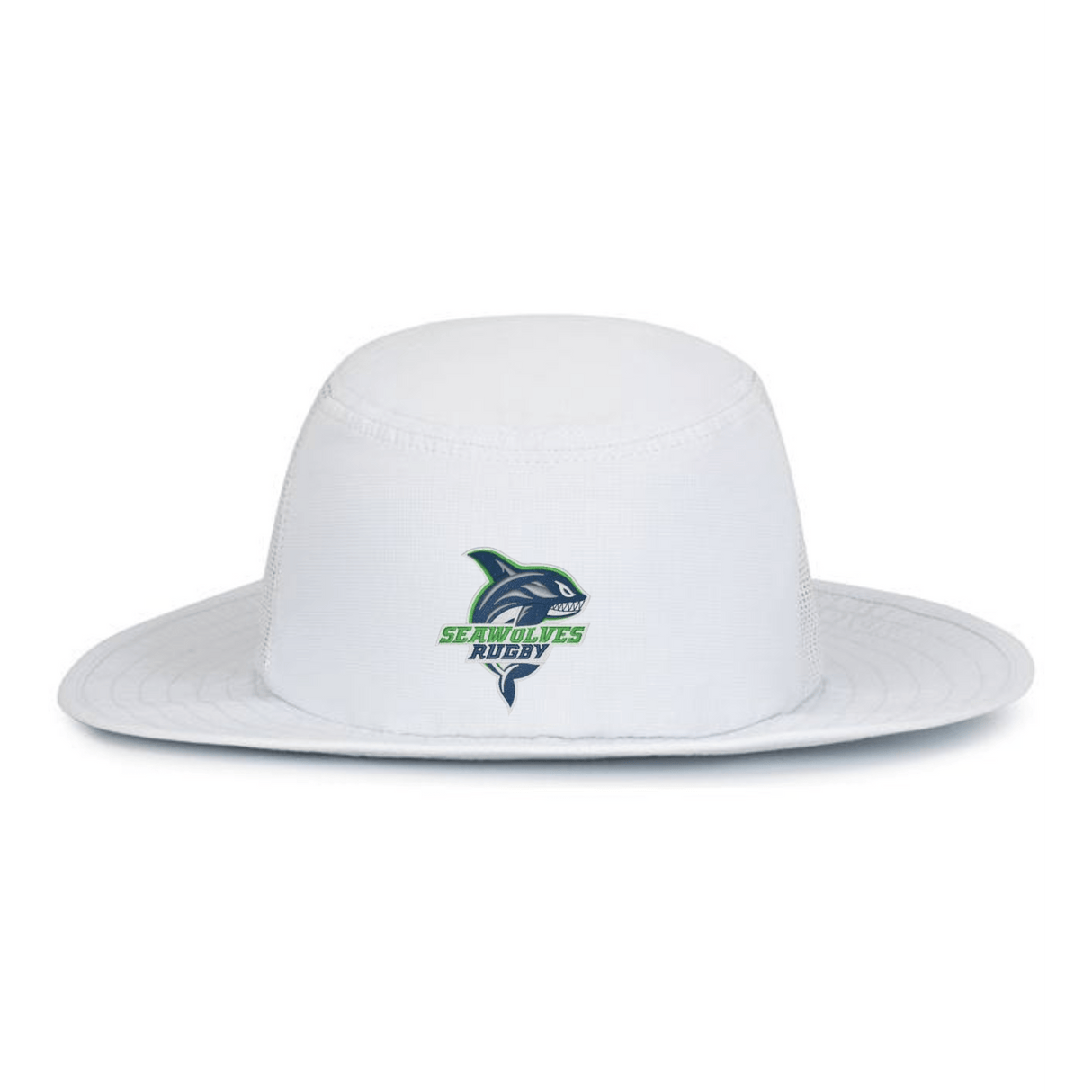White EMB Augusta Seattle Seawolves boonie hat with the rugby team logo, featuring moisture-wicking fabric.