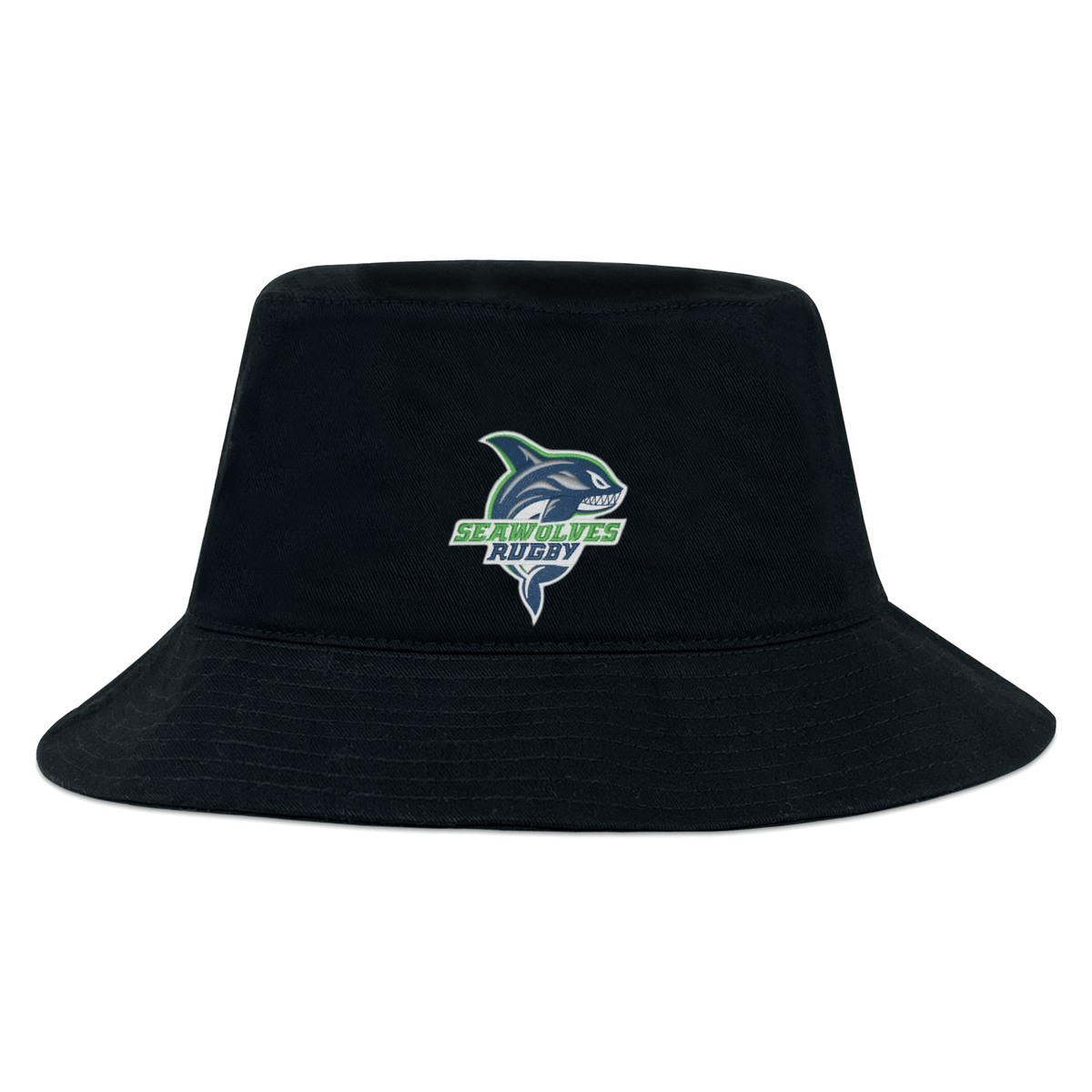 The Seattle Seawolves Crusher Bucket Hat by EMB S&S Activewear showcases the team’s green, blue, and white rugby logo on the front, providing stylish sun protection.