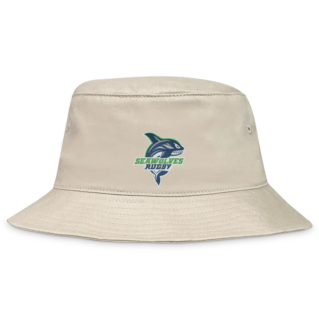 The Seattle Seawolves Crusher Bucket Hat by EMB S&S Activewear features a stylized orca logo and "Seattle Rugby" text in blue and green, perfect for sun protection at matches or casual outings.