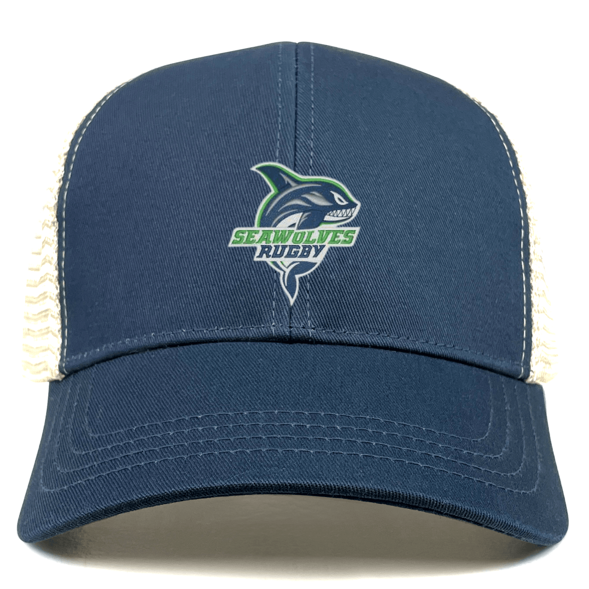 The Seattle Seawolves Eco Trucker Hat by EMB S&S Activewear features a navy blue mesh design, a stylized wolf logo on the front, and is made from eco-conscious materials.