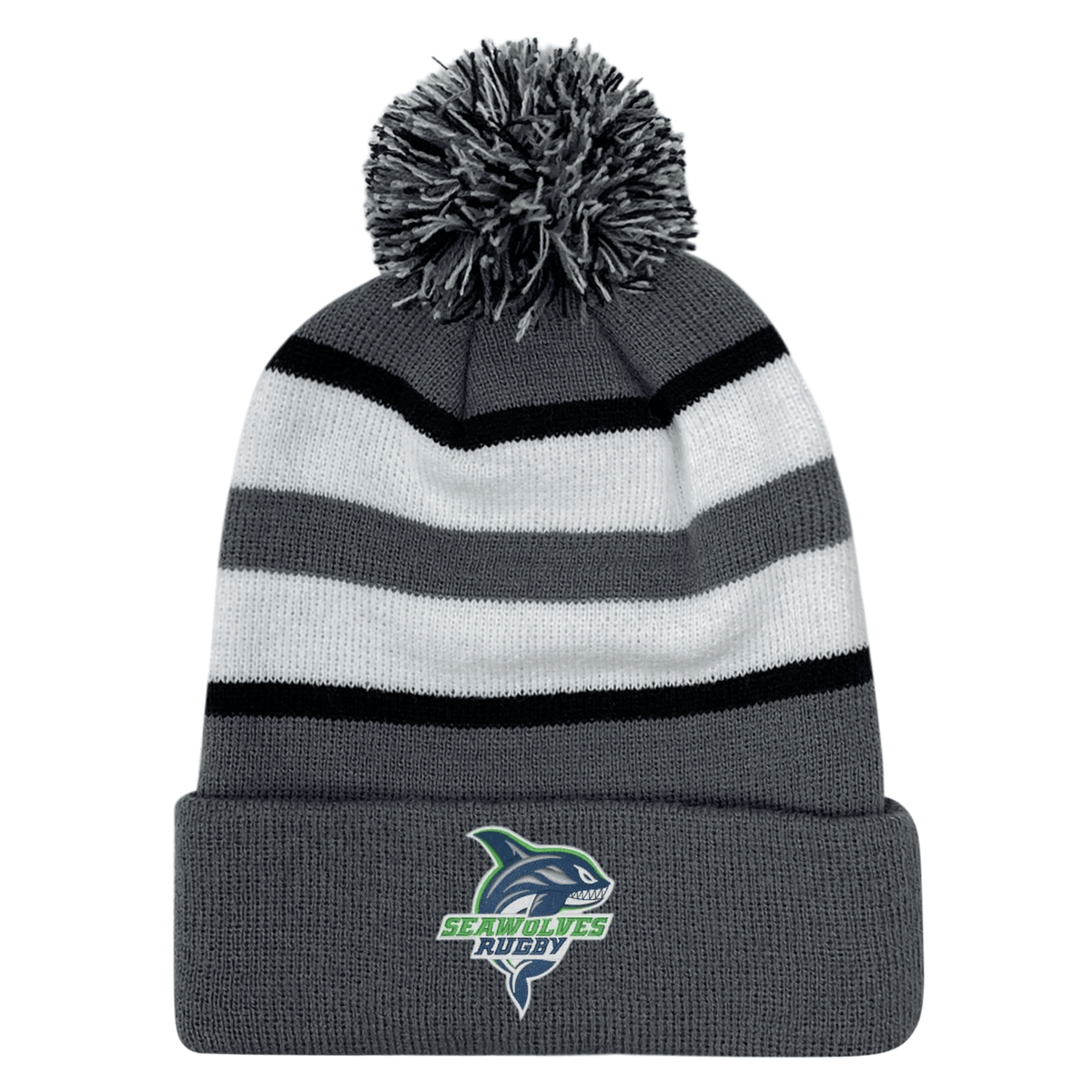 Striped acrylic fabric Seattle Seawolves Rugby Hooped Pom Pom Beanie with pom-pom and EMB Augusta logo.