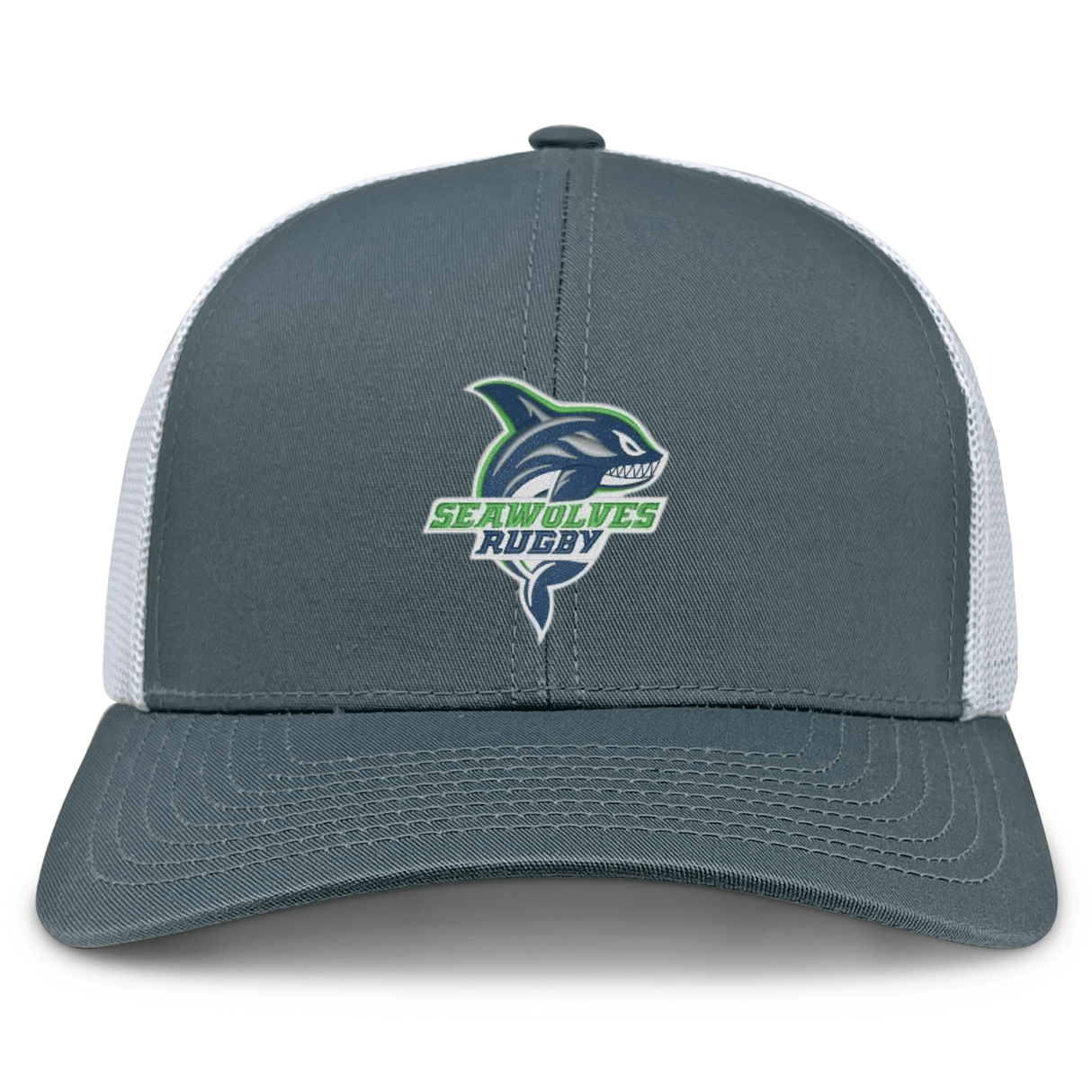 The Seattle Seawolves Retro Trucker Cap by EMB S&S Activewear features a gray and white design, a stylized shark head Seawolves Rugby logo on the front, and an adjustable snapback closure.